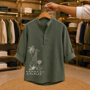 Men’s Premium Olive Green Kurta Shirt – Minimal Print Designer Casual Wear
