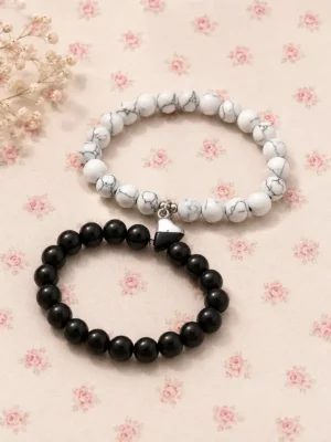 Yin Yang Couple Beaded Bracelet Set – Matching Black & White Stone Bracelets