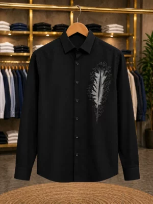 Men’s Classy Feather Texture Shirt – Black Designer Full Sleeve